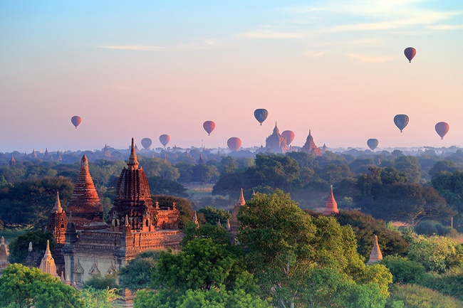 Bagan in Myanmar with hot air balloons