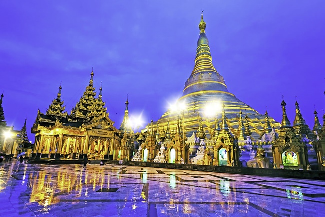 Shwedagon Pagoda under twinkling lights